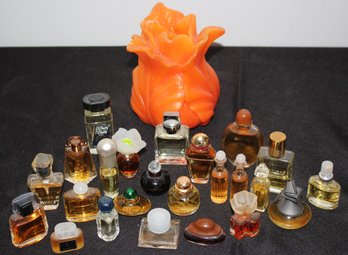 24 Assorted Miniature Perfumes (See Pictures) And Decorative Candle