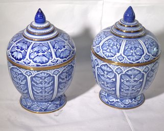 Pair Of Siam Blue Hand Painted Bowls With Lids And Brass Mounts