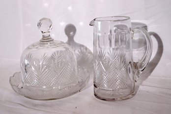 Delicate Cut Crystal Pitcher And Cheese Plate With Cover.