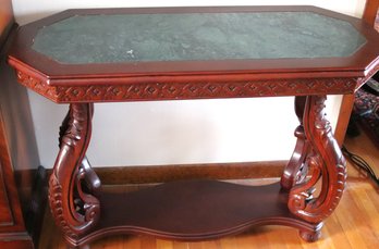 Highly Carved Wood Serving Console Table With A Green Stone Insert