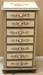 A Lovely Stenciled 7 Drawer Standing Jewelry Cabinet, Having An Overall Craquelure Finish.