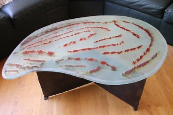 Unique Art Glass Cocktail Table With Custom Glass Top By Murphy On A Hand Cut Steel Base