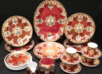 Persian Porcelain Tea Service With Portrait Of Iran Shah Naser Al Din Shah Qajar, Plates And Oval Platter.