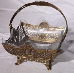 Antique Style Pierced Brass Basket With Glass Interior By Castilian.