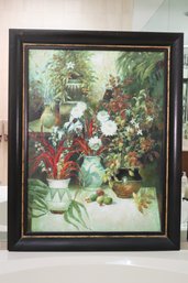 Large Giclee Artwork Of Flowers In An Assortment Of Vases Accompanied By A Large Dark Brown Frame