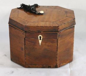 Antique English Tea Caddy With Bone Handle And  Inlaid Wood