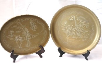 Two Engraved Chinese Brass Serving Plates With Scenes Of Maidens.