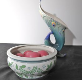 Art Nouveau Style Peacock Shaped Vase And Painted Ceramic Bowl.