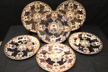 Set Of 6 Persian Maghsoud Porcelain Round Plates With Portrait Of A Shah, In Iridescent Purplish Blue.