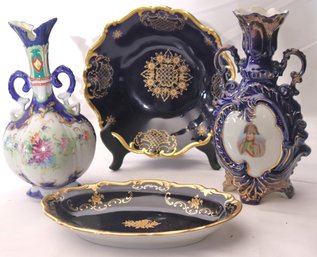 Two Blue Cobalt & Gold Dishes And 2 Porcelain Vases.