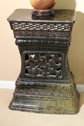 Interesting Glazed, Ceramic Asian Pedestal / Plant Stand With Pierced Decoration On A Green/ Black Finish.