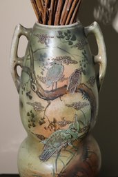 Japanese Art Nouveau Hand Painted Vase With Handles, And Moriage Birds.