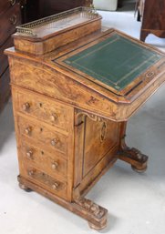 English Victorian Inlaid Burl Wood Davenport Desk With Leather Top Ca.1870