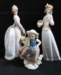 3 Lladro Porcelain Figurines Including Basket Of Love 7622, Innocence In Bloom 7644 And Sweet Scent 5221