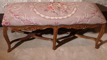 Lovely Light Wood French Style Carved Bench With Needlepoint Top, And Nail Head Trim.