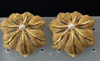 18K YG BEAUTIFUL BUCCELLATI PAIR OF 2 TONE LEAF DESIGN EARRINGS WITH SEED PEARL ACCENTS - SIGNED