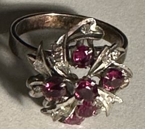 STERLING SILVER RUBY AND DIAMOND RIBBON / BOW DESIGN RING - SIZE 7.75