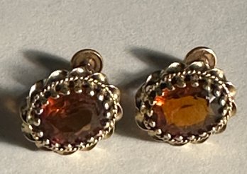 14K YG PAIR OF BEAUTIFUL OVAL ORANGE CITRINE EARRINGS - SIGNED