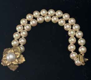 14K YG 6.5 INCH DOUBLE STRAND CULTURED PEARL BRACELET WITH DIAMOND ACCENT