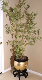 Gold Metal Hammered Design Planter On Wood Base With Faux Bamboo Branches.