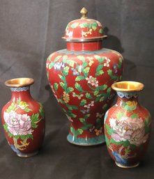Chinese Cloisonne Urn With Lid And 2 Small Cloisonn Vases.