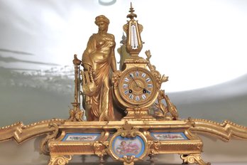 Neoclassical Design Dore Bronze Clock With Porcelain Panels And Thermometer.