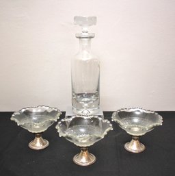 Hand Blown Toscany Crystal Decanter Made In Poland And Glass/sterling Weighted Dessert Dishes