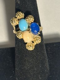 14K YG FUNKY ABSTRACT RING WITH LAPIS, TURQUOISE AND CORAL CABUCHONS - SIZE 7