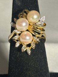 14K YG FANCY DIAMOND AND PEARL COCKTAIL RING - SIZE 7.25