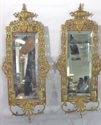Pair Of Vintage George III Style Brass Framed Candle Sconces With Beveled Mirrors