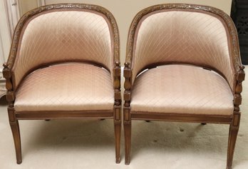 Pair Of Stylish Carved Wood Tub Chairs, Ca. 1970s With Silk Fabric.