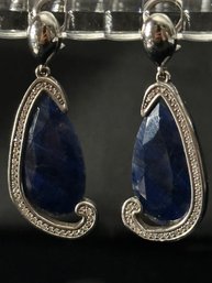 14K WG STYLISH PAIR OF POLISHED FACETED LAPIS LAZULI EARRINGS WITH DIAMOND PIPING