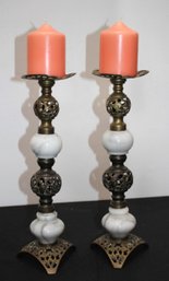 Candlesticks With Brass Finish And Marble Accents