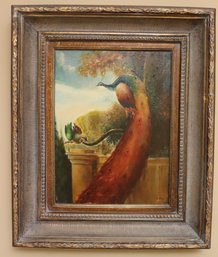 Vintage O/C Painting Of Peacock And Bird Signed K. Mills In A Wide Empire Style Frame