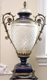 A Fabulous Tall, Cut Crystal And Cobalt Porcelain Bronze Mounted Urn.