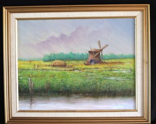 Vintage Windmill Pastoral Painting Signed By The Artist JL Murphy