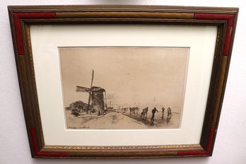 Dutch Engraving With Windmill And People Walking With Their Belongings.