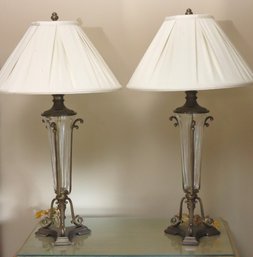 Pair Of Contemporary Glass And Metal Framed Lamps With Raw Silk Shades.