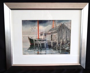 Framed Watercolor By The Artist Klotz Of A Vintage Boat And Pier