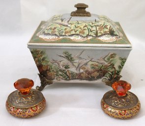 Asian Style Trinket Box With Brass Feet And A Crackle Finish Includes A Pair Of Decorative Hand-held Mirrors