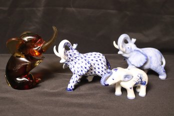 Decorative Elephants Including Amber Toned Signed Art Glass, Blue And White And Hand Painted Delfsblauw 506