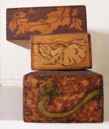 Vintage Pyrography Wood Boxes, Includes A Smaller Box From Flemish Art Co. Including Assorted Sized Boxes
