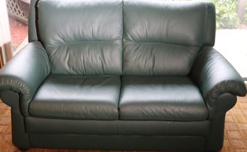 Nicoletti Italian Forest Green Leather Love Seat With Attached Cushion