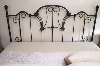 King Size Victorian Style Metal Headboard With Curlicue Design And Bronzed Finish.