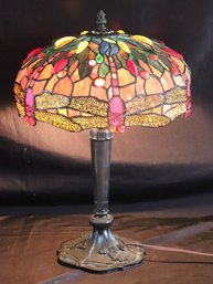 Pretty Slag Glass Table Lamp With Dragonfly Pattern