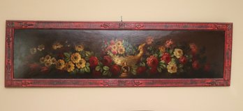 Antique O/B Still Life Of Floral Bouquet In A Cornucopia Vase With A Painted Frame.