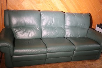 Nicoletti Italian Forest Green Leather Sofa With Dual Recliners And Attached Cushions.