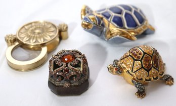 Collection Of Assorted Miniatures As Pictured Includes Puccini Trinket Box, Brass Magnifying Glass