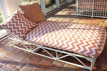 Vintage Whitewashed Bamboo / Rattan Chaise Lounge With Linen Zig Zag Pillow Covers.