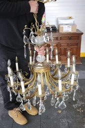 Spectacular Large, Gilded Age Style 12 Arm Brass And Crystal Chandelier.